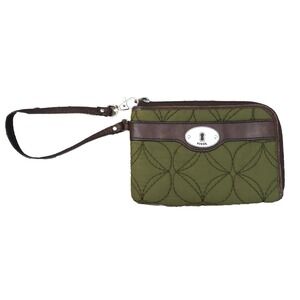 FOSSIL Key-Per Wristlet Wallet Green Quilted Brown Leather Accent Small Purse